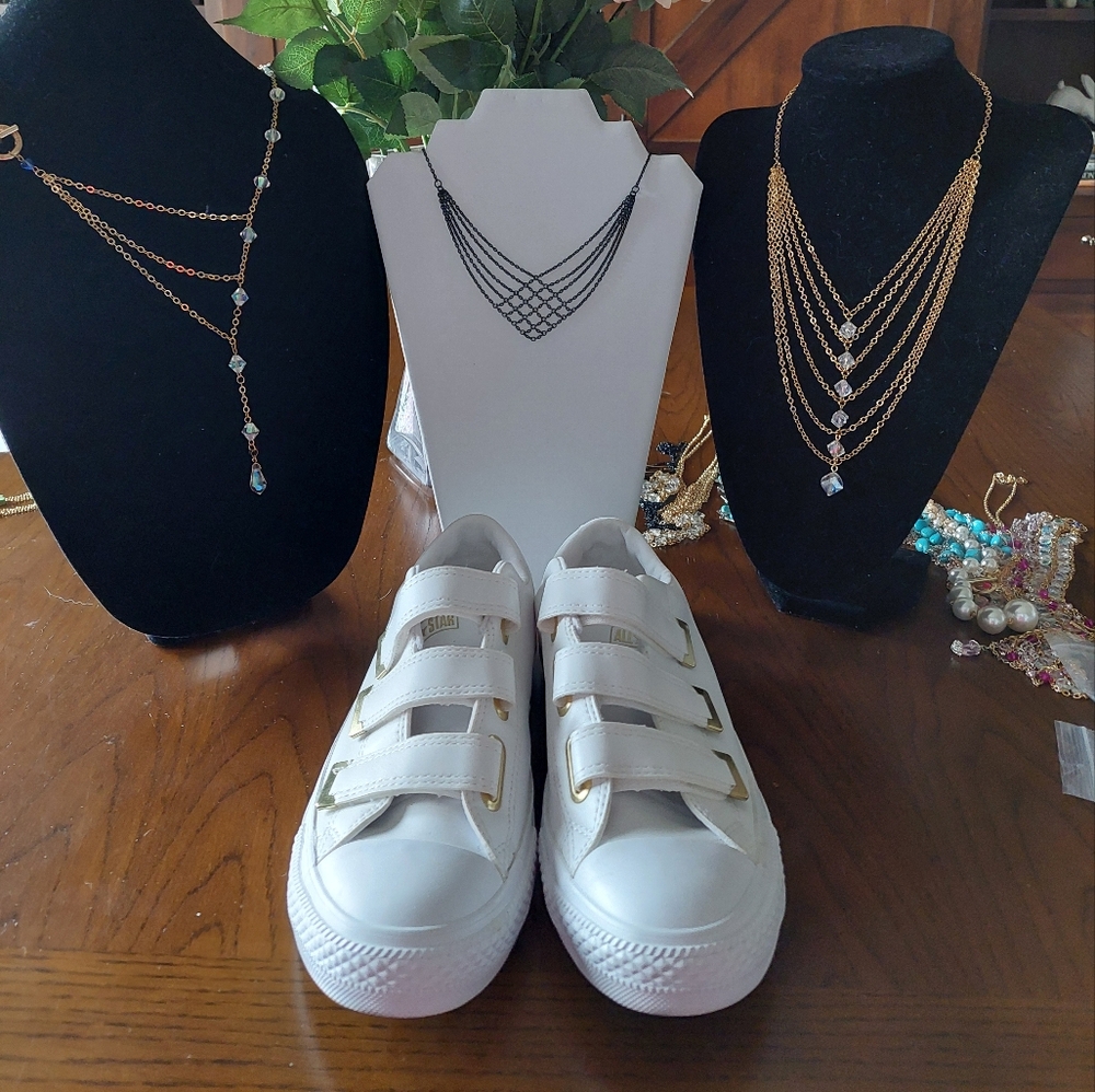 New White Leather Velcro Strap Converse Chuck Taylor Sneakers